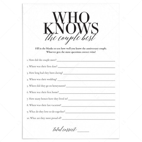 Anniversary Party Trivia Game Who Knows The Couple Best Printable ...