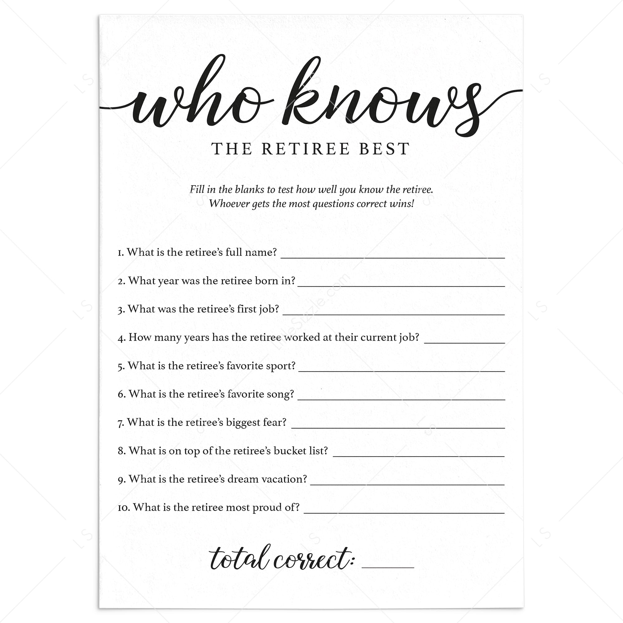 How Well Do You Know The Retiree Game Printable by LittleSizzle