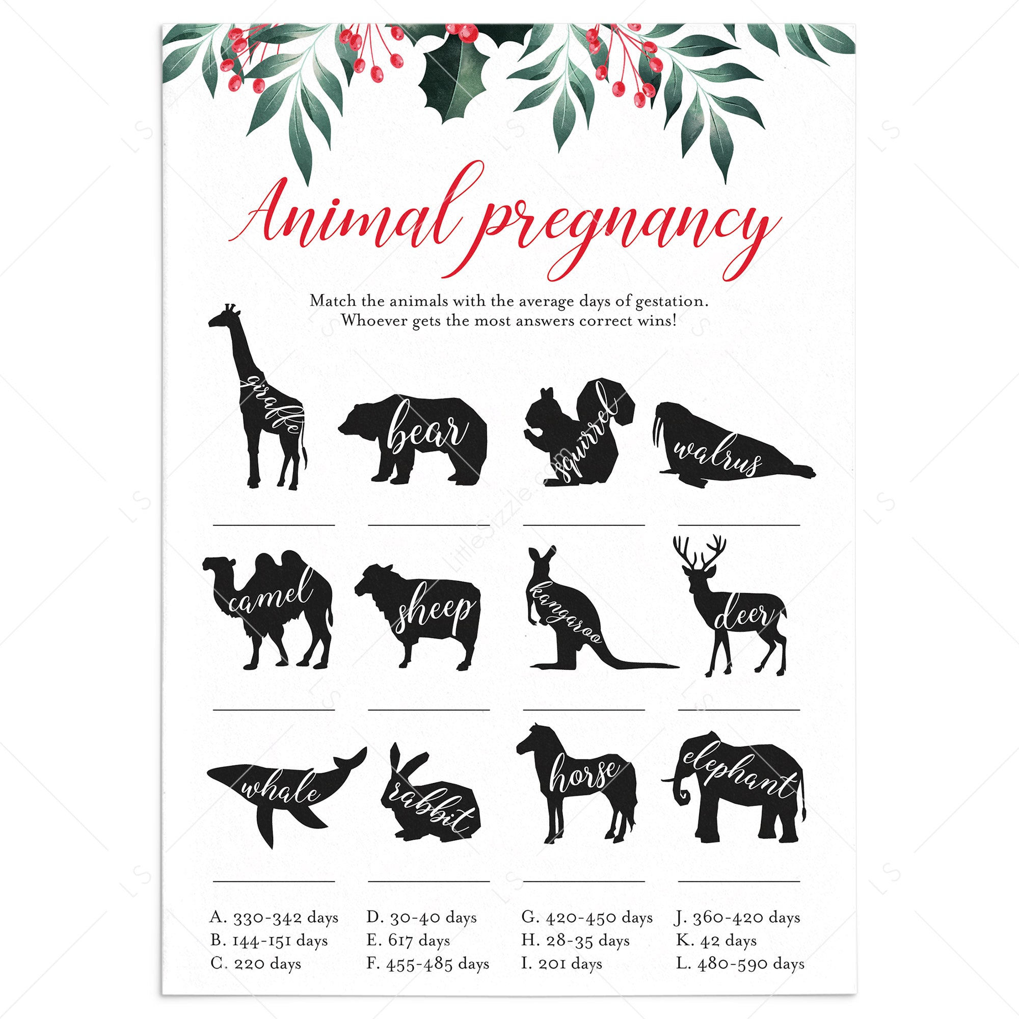 Winter Greens Baby Shower Game Animal Pregnancy by LittleSizzle