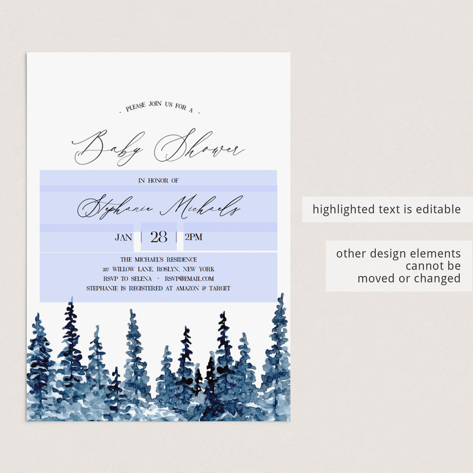 Winter forest baby shower invitation editable by LittleSizzle