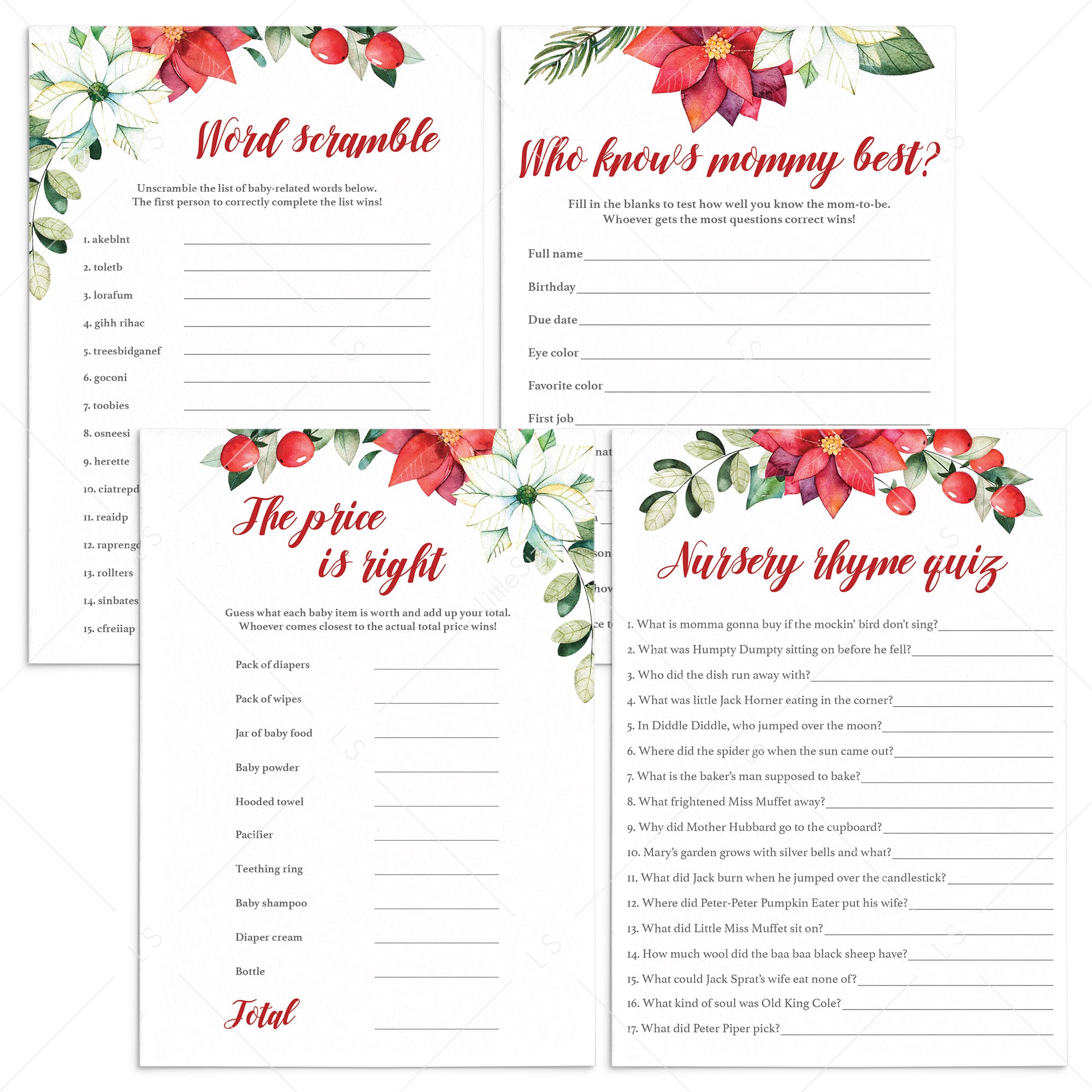 Winter Floral Baby Shower Games Bundle Instant Download by LittleSizzle