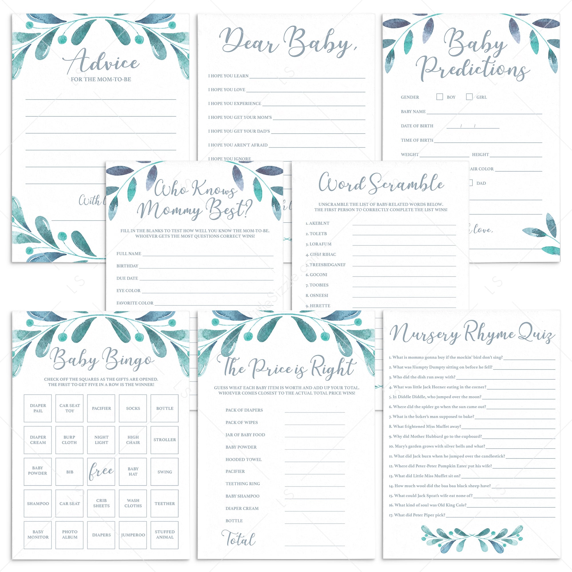 Huge Baby Shower Games Package with Watercolor Leaves by LittleSizzle