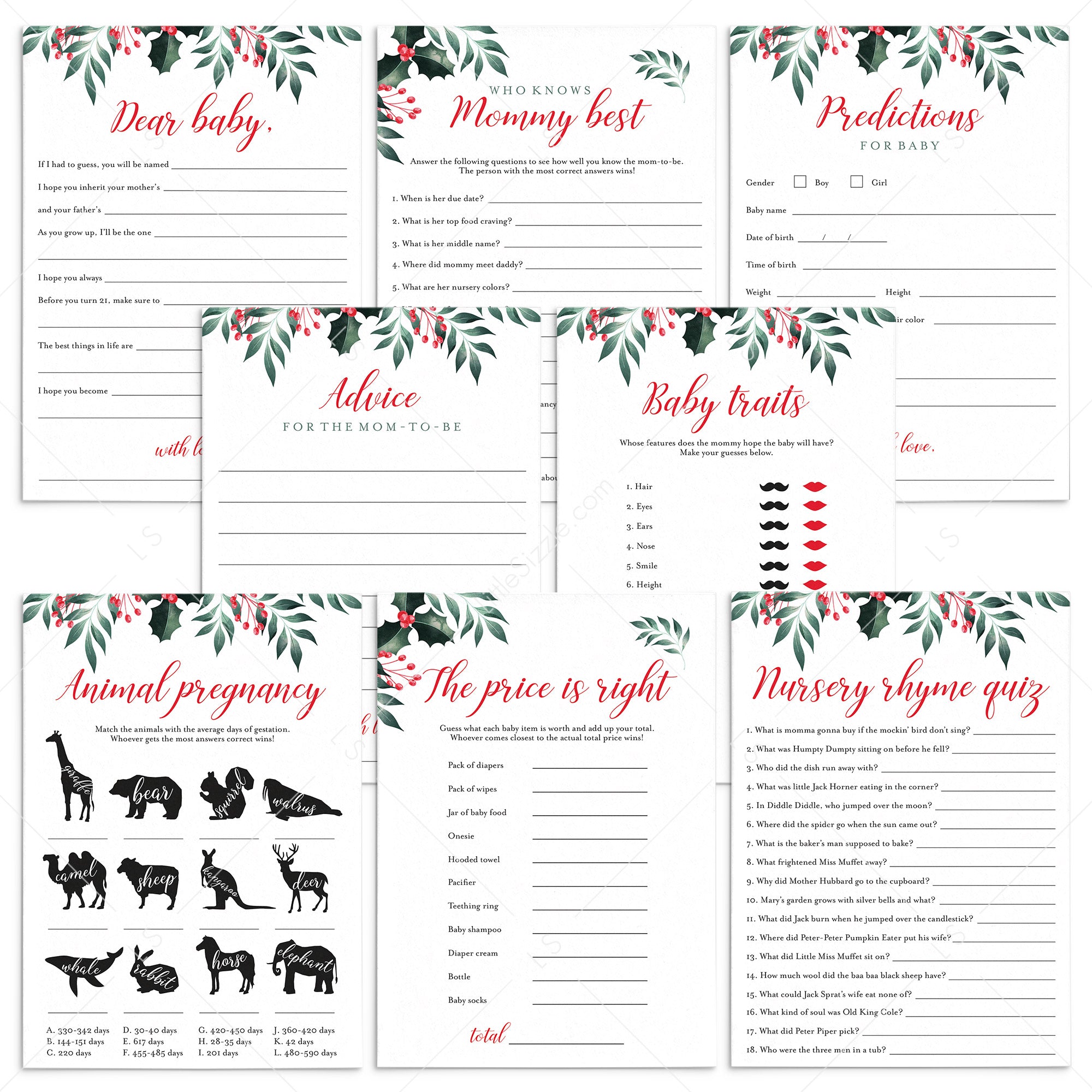 8 Winter Holly Baby Shower Games Printable by LittleSizzle
