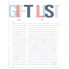 Printable winter themed shower gift list by LittleSizzle
