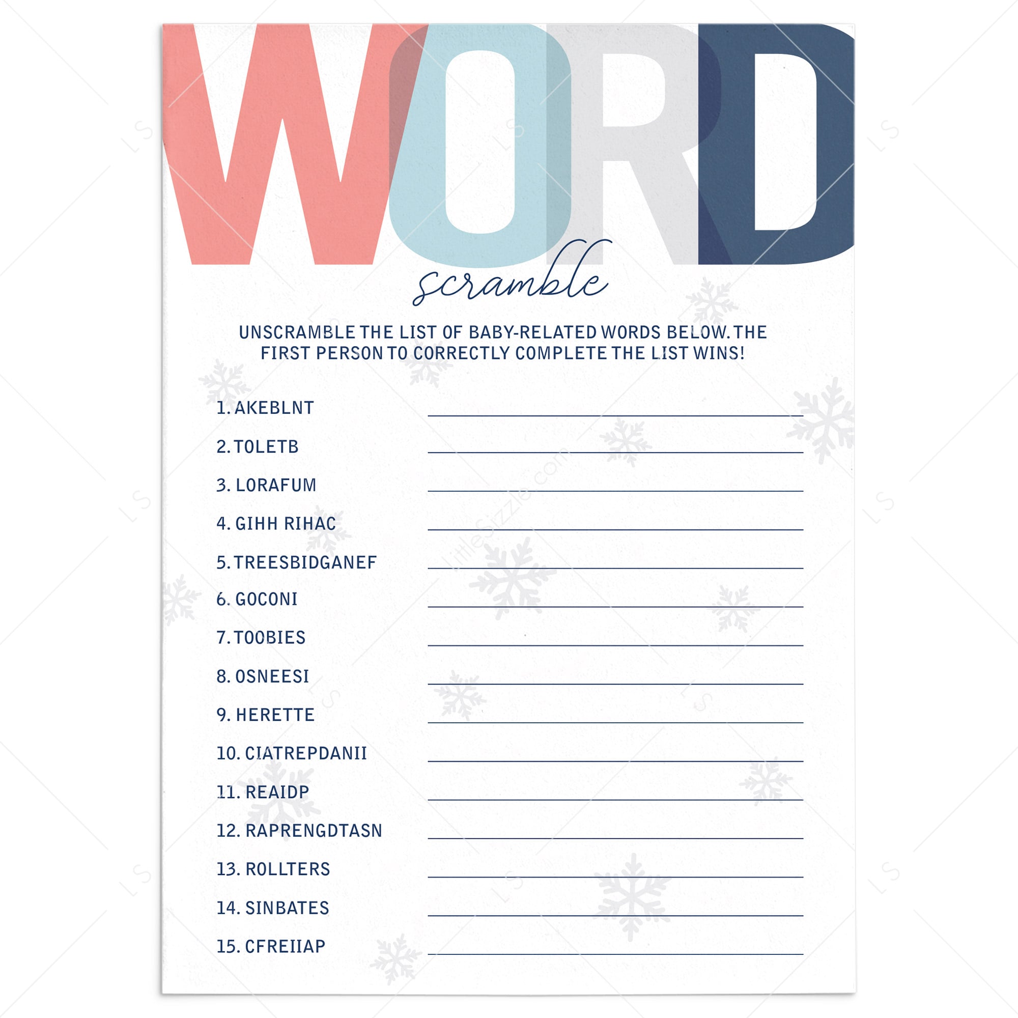 Printable baby word scramble for winter shower by LittleSizzle