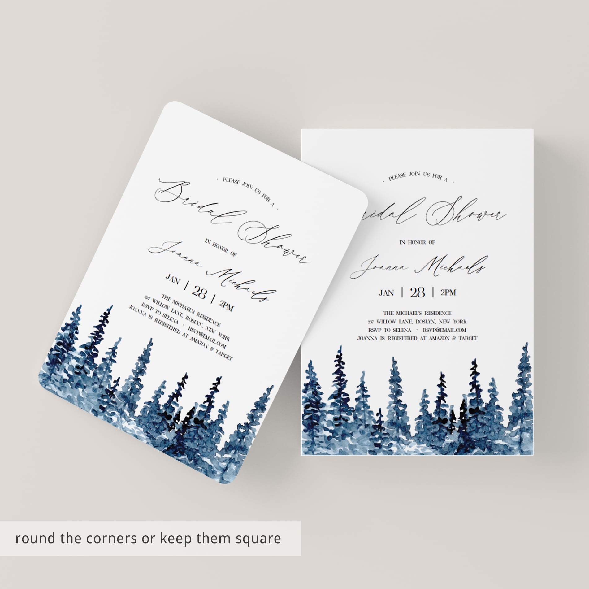Blue pine trees bridal shower invites Winter bridal shower invitation template by LittleSizzle