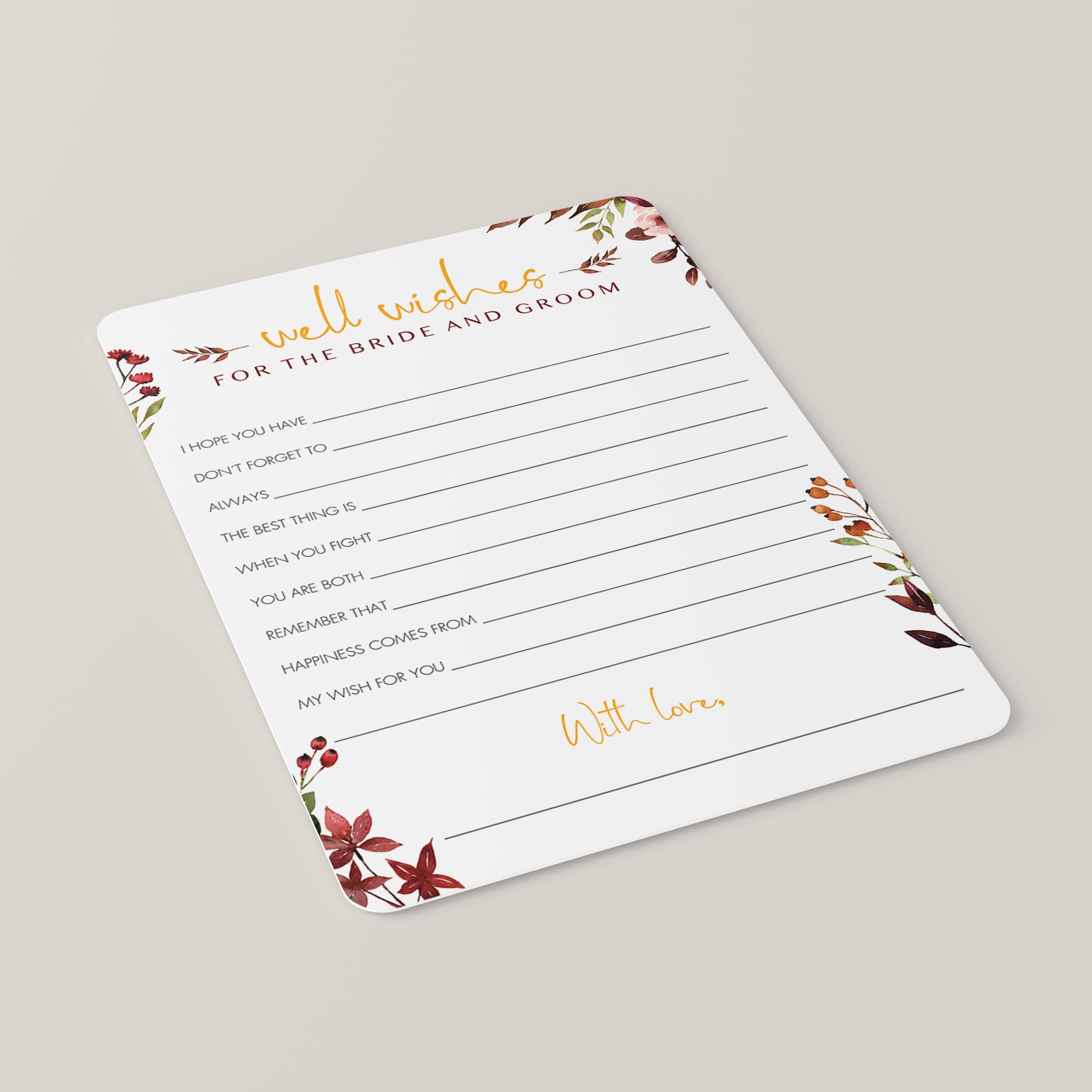 Printable bridal wishes cards with red flowers by LittleSizzle