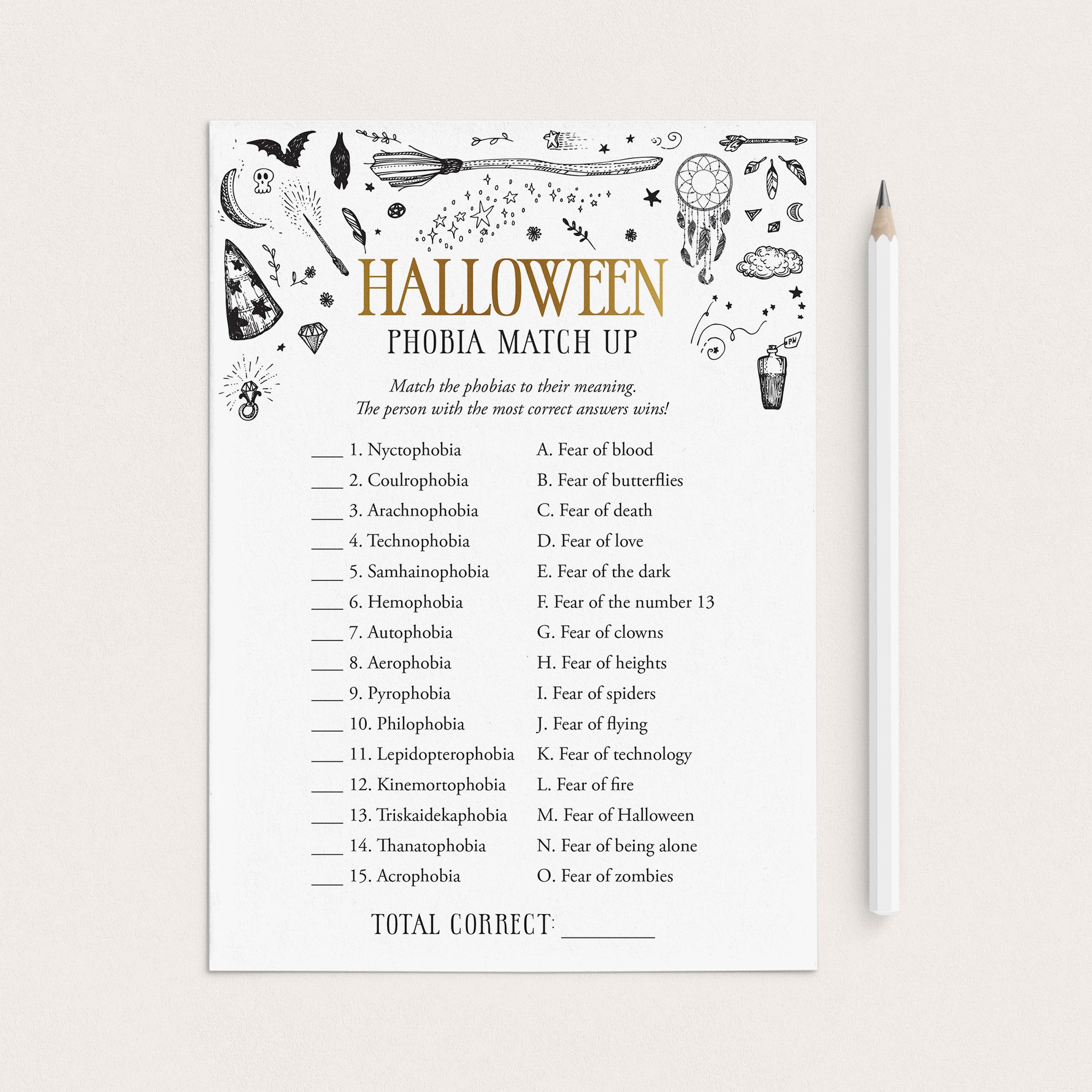 Halloween Phobia Matching Game with Answers Printable by LittleSizzle