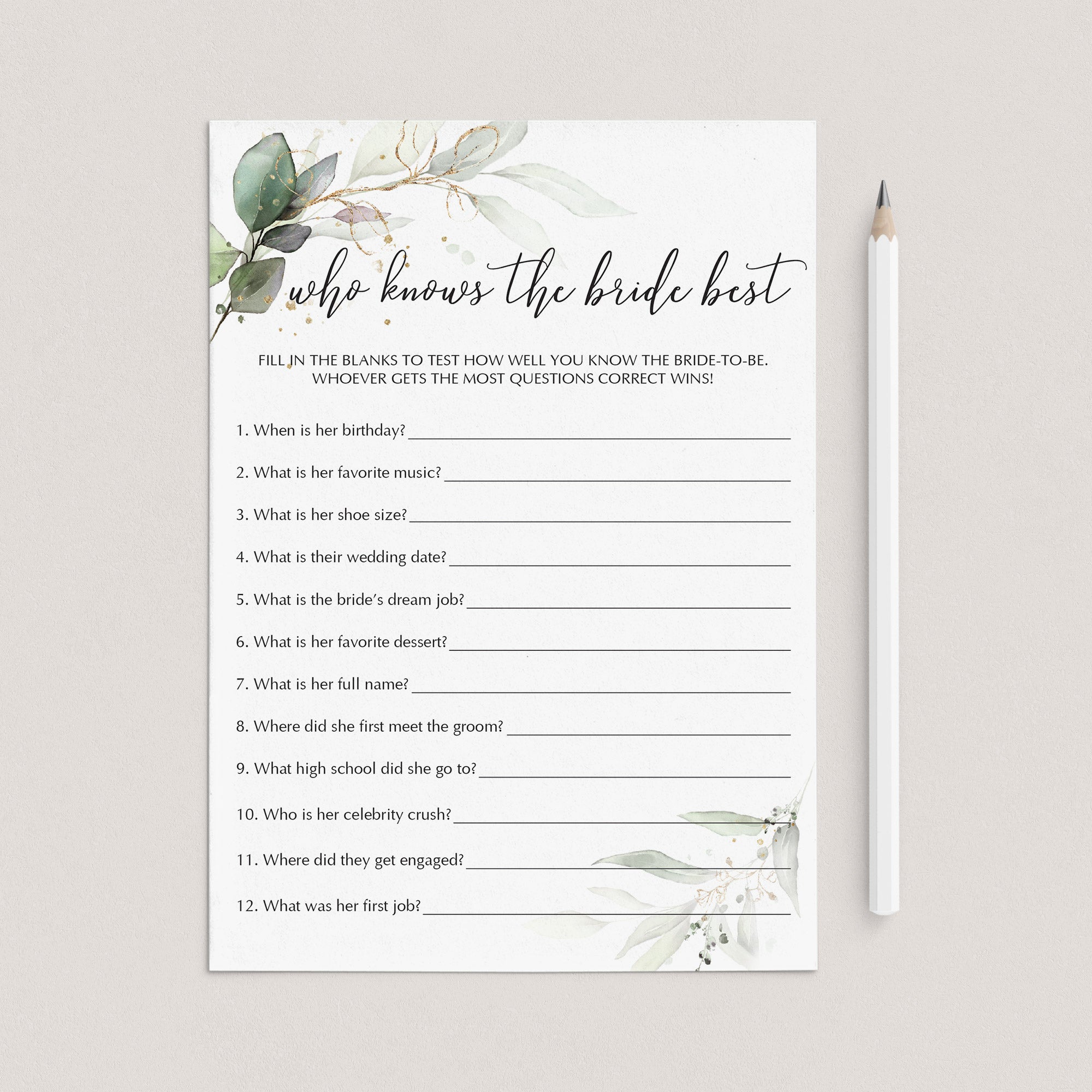Greenery Bridal Shower Game Who Knows The Bride Best Instant Download by LittleSizzle