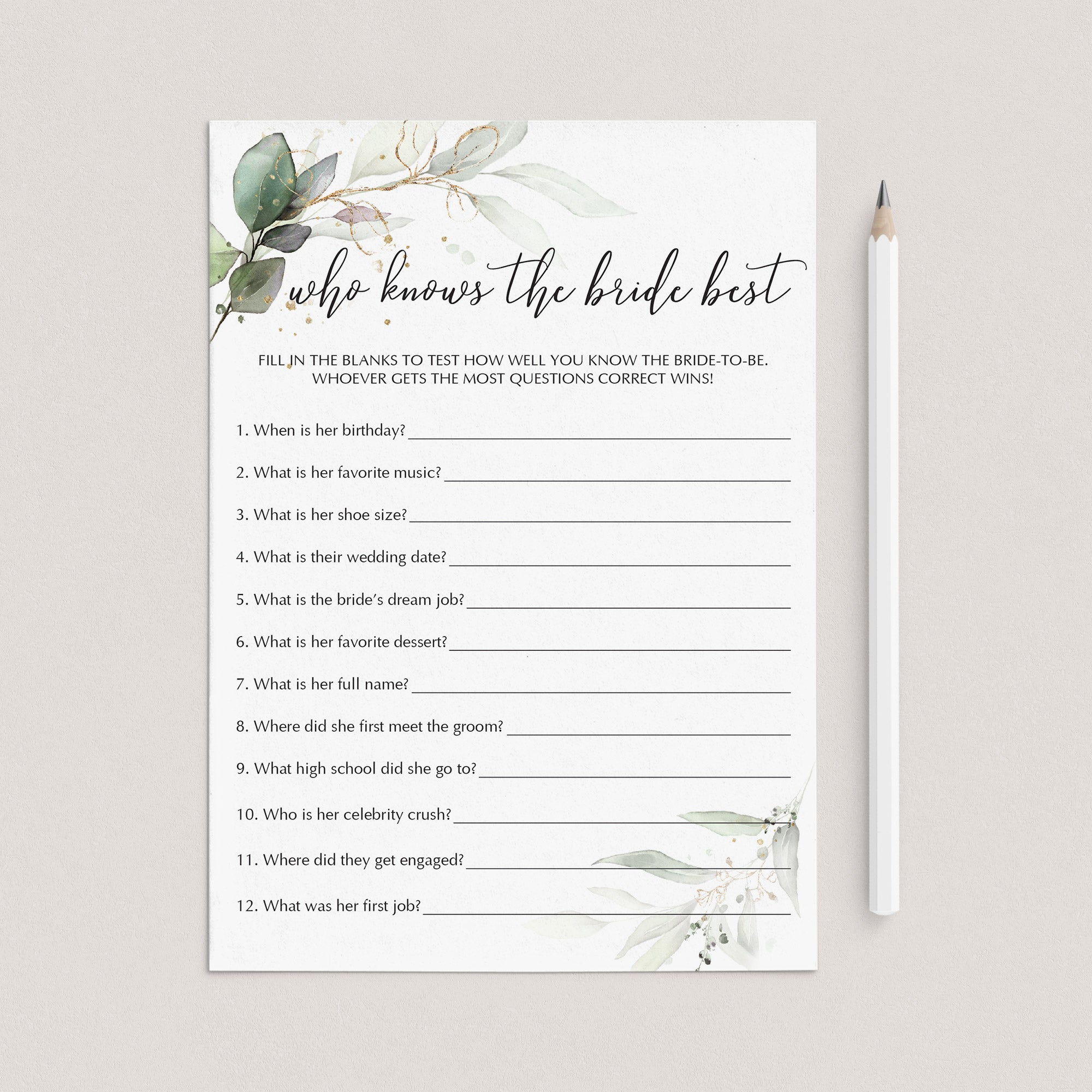 Greenery Bridal Shower Game Who Knows The Bride Best | Printable – LittleSizzle greenery-bridal-shower-game-who-knows-the-bride-best-printable-littlesizzle