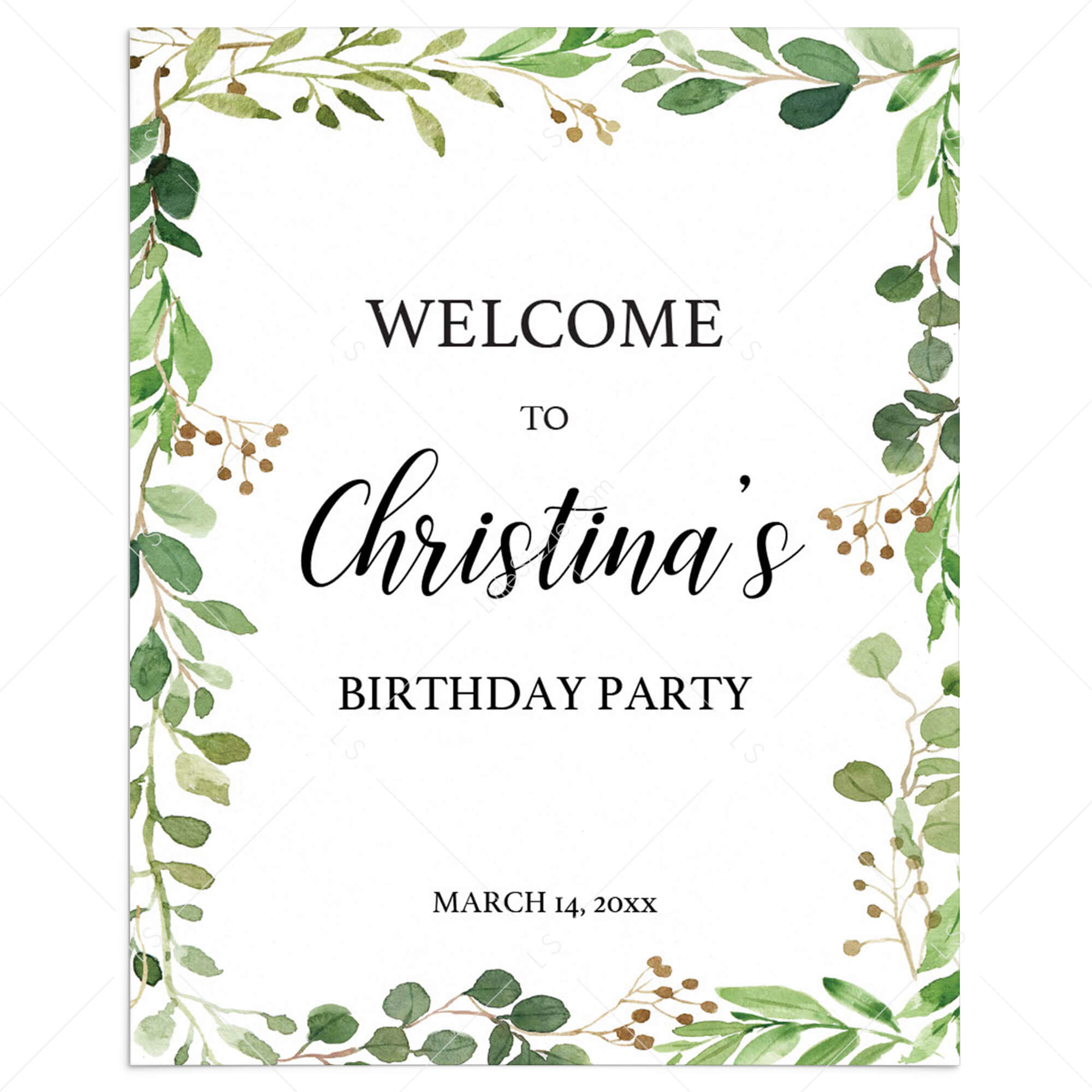 Greenery Leaves Party Welcome Board Template by LittleSizzle