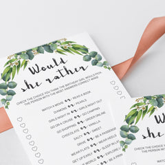 Would She Rather Birthday Game Greenery Theme