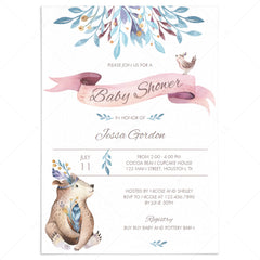 Tribal baby shower invitation template with watercolor bear by LittleSizzle