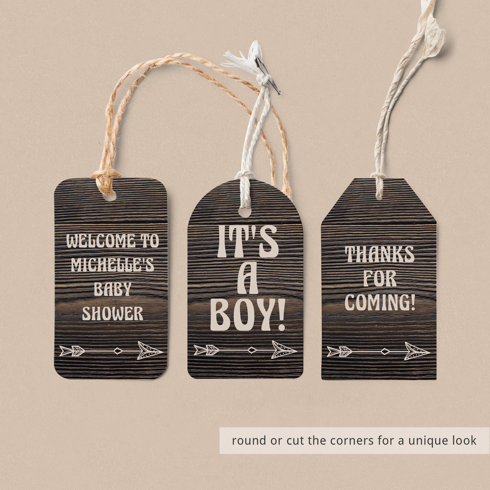 Editable favor tag with dark wood background template by LittleSizzle
