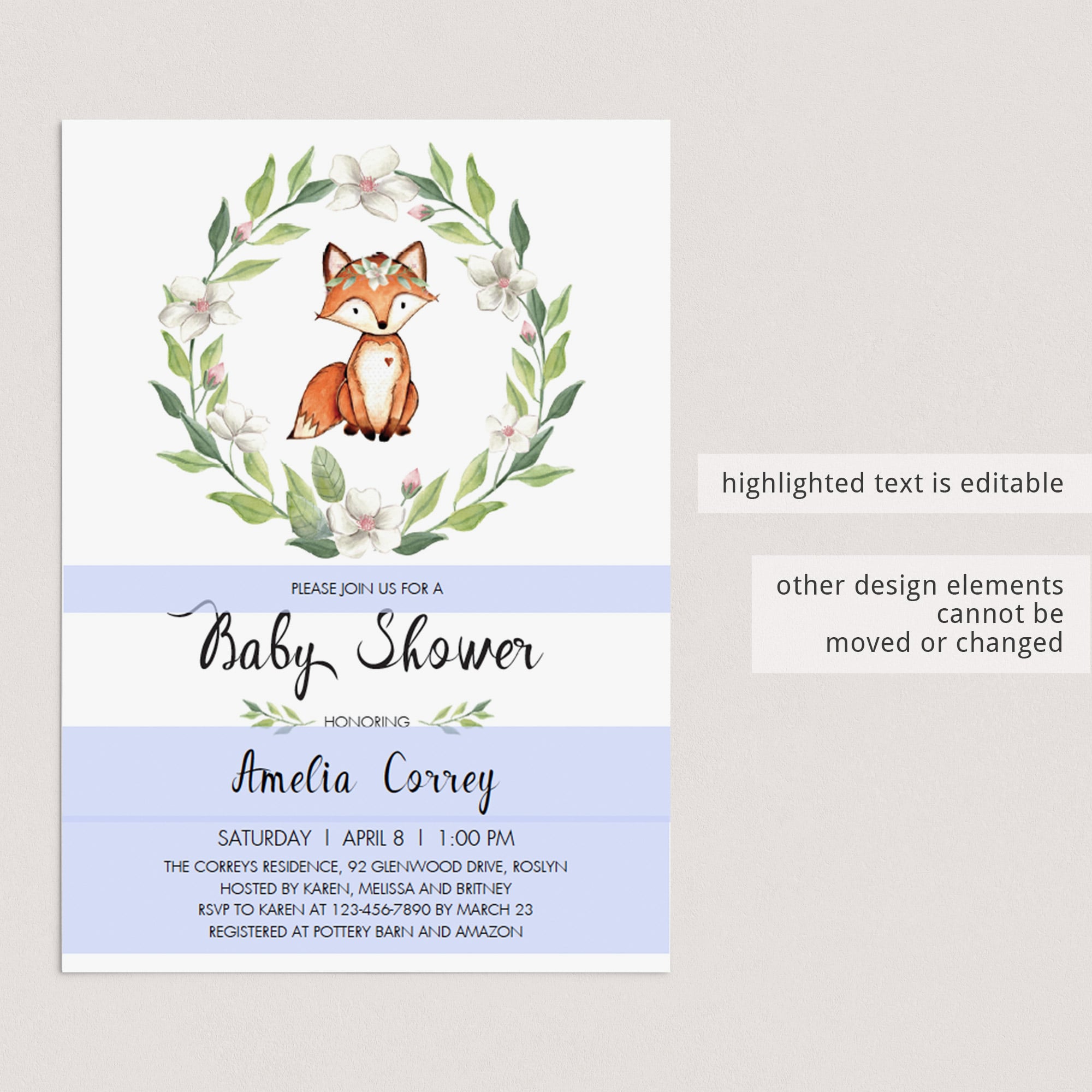 Forest animals baby shower invitation template PDF download by LittleSizzle