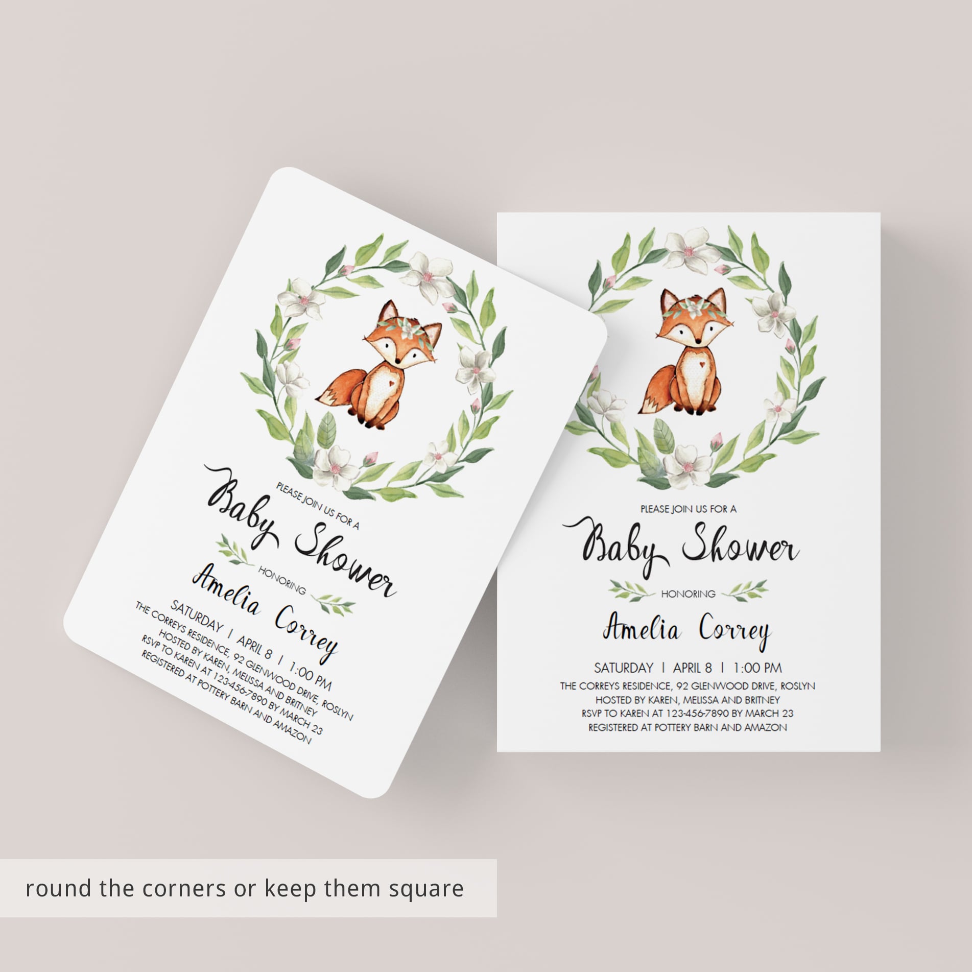 Greenery woodland baby shower invite with watercolor orange fox by LittleSizzle