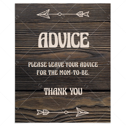 Rustic wood baby shower Advice Sign printable | Rustic shower decor ...