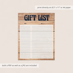 Wood background printable gift list for rustic party by LittleSizzle