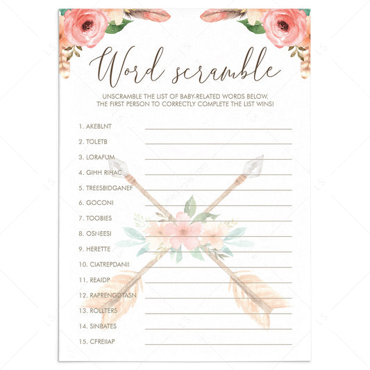 Floral Aztec Baby Shower Game Baby Word Scramble by LittleSizzle
