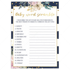 Baby Word Scramble game for girl baby shower by LittleSizzle