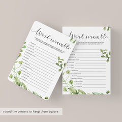 Baby Shower Unscramble the Words Game with Watercolor Green Leaf