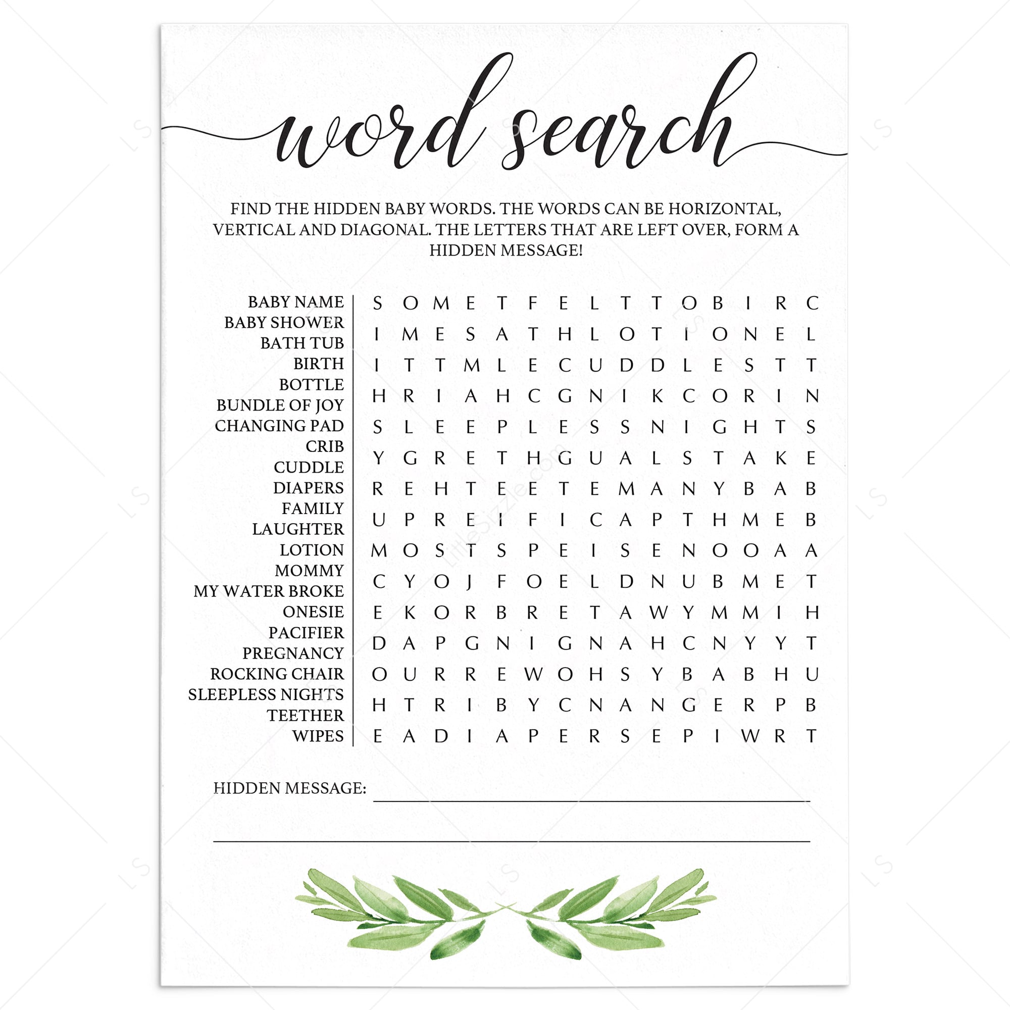 Greenery baby shower games printable word search by LittleSizzle