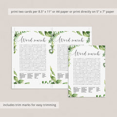 greenery bridalshower word search game cards download