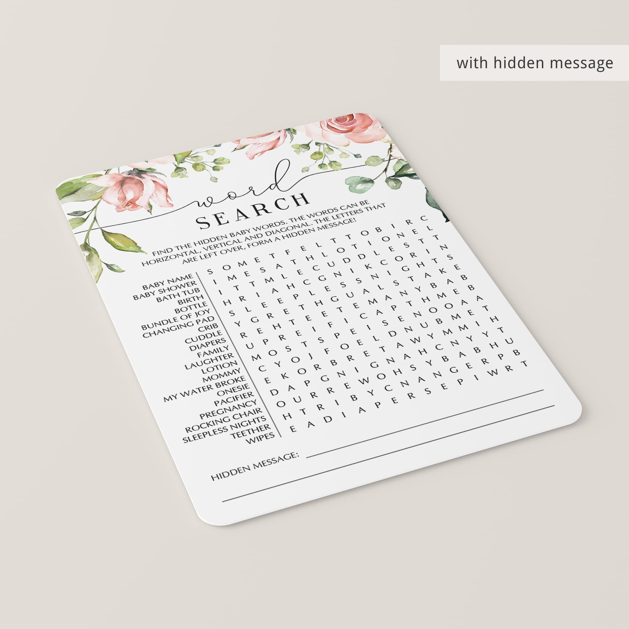 Word search baby shower game with hidden message by LittleSizzle