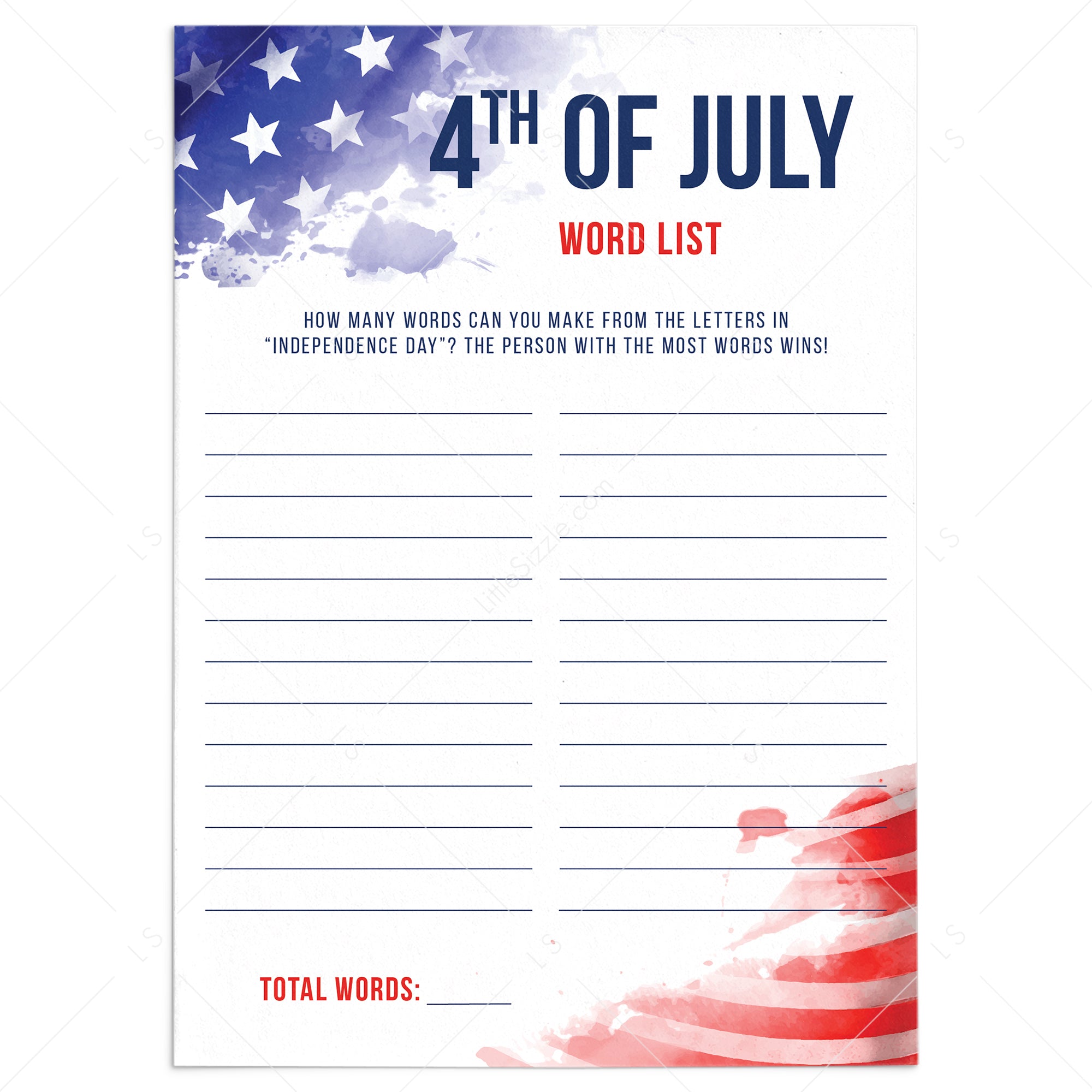 Independence Day Word Game Printable by LittleSizzle