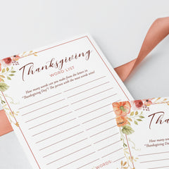 Thanksgiving Words Game for Family Printable