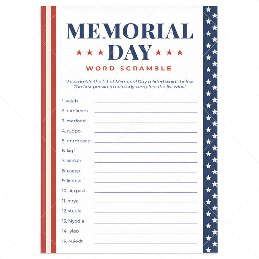 Memorial Day Word Scramble with Answers Printable by LittleSizzle