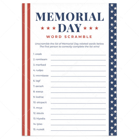 Memorial Day Word Scramble with Answers Printable | Instant Download ...