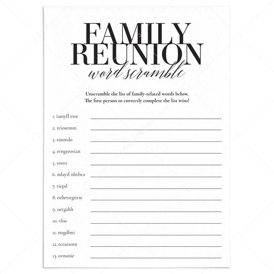 Family Reunion Game Word Scramble with Answer Key Printable by LittleSizzle