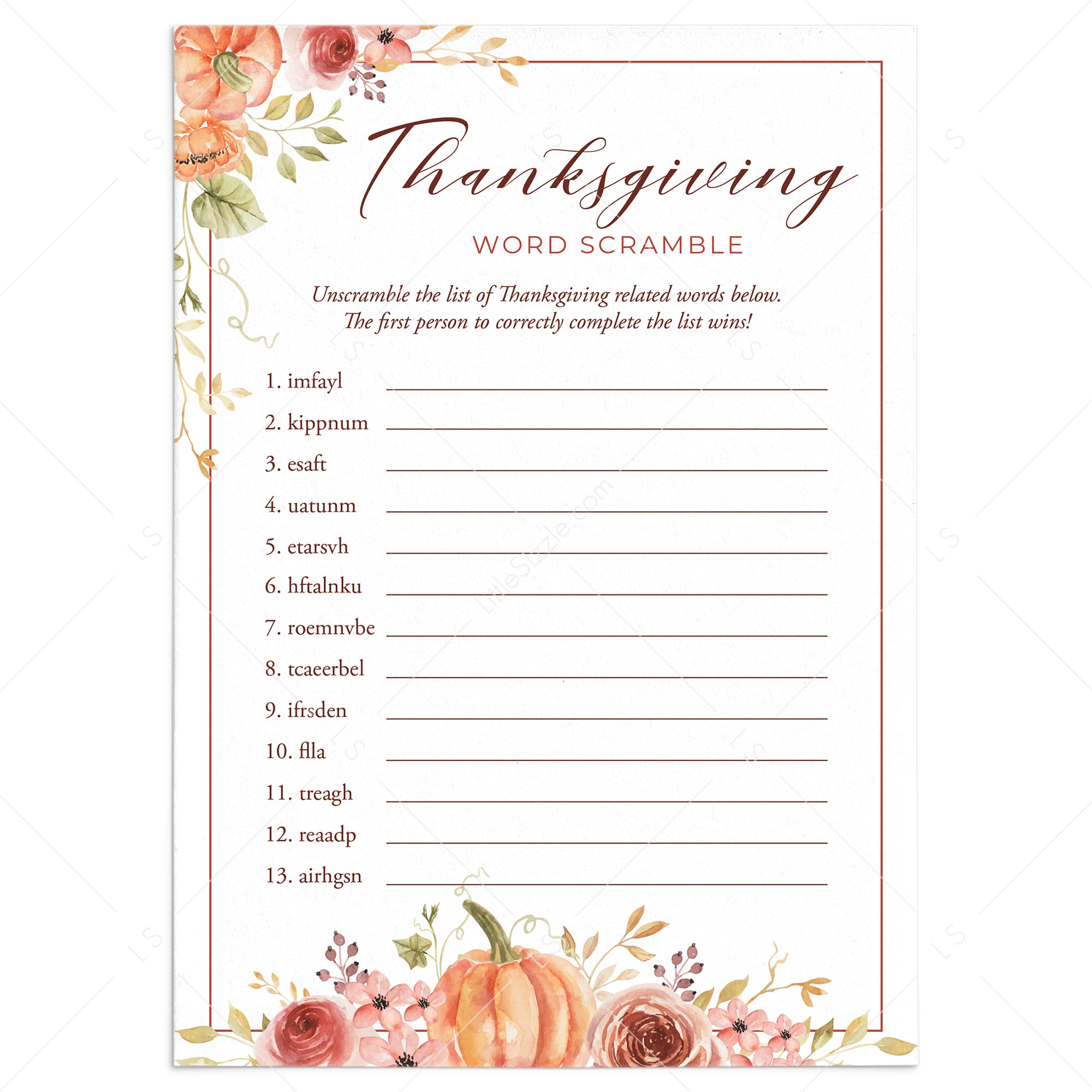 Thanksgiving Word Scramble with Answer Key Printable by LittleSizzle