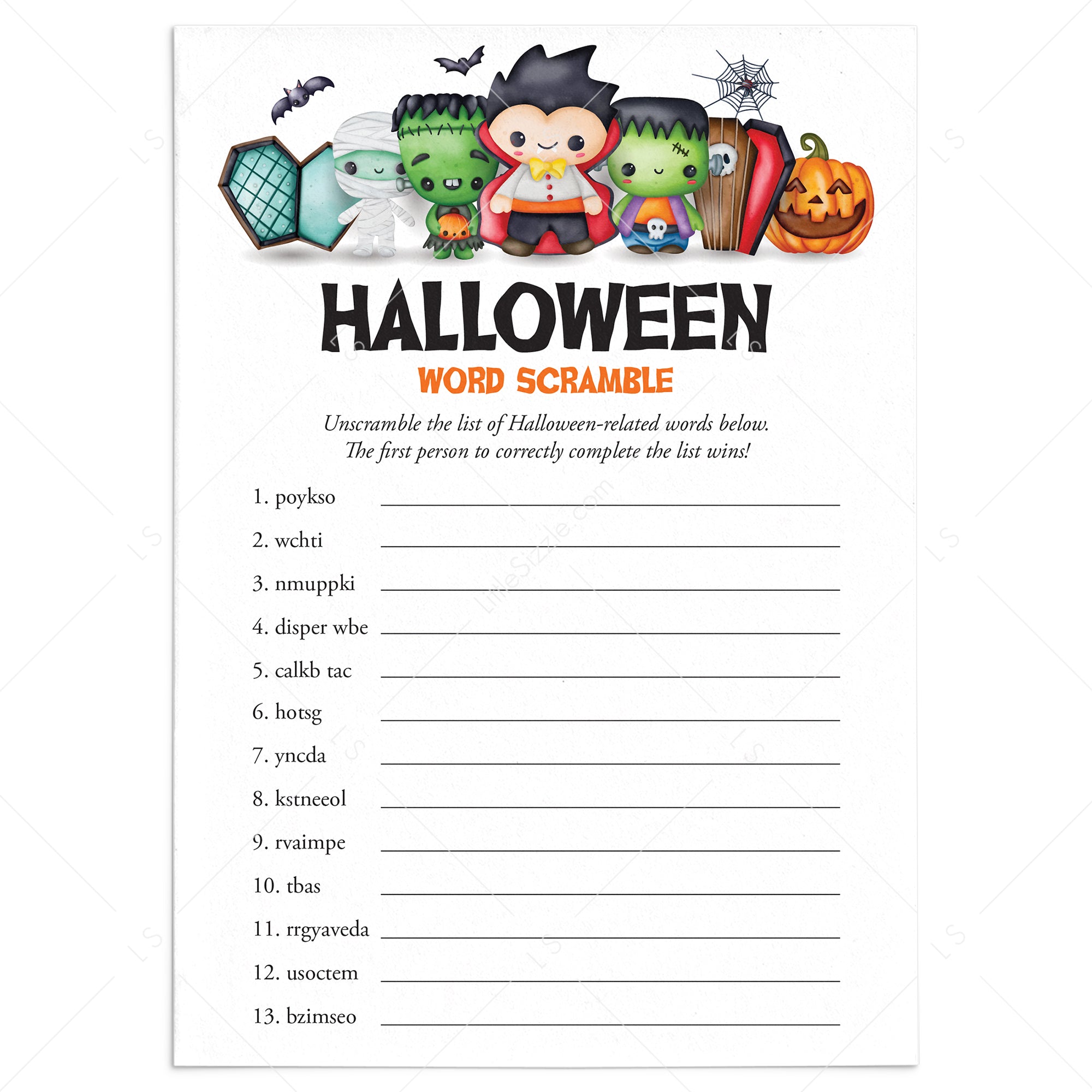 Halloween Word Scramble Game with Answer Key Printable by LittleSizzle