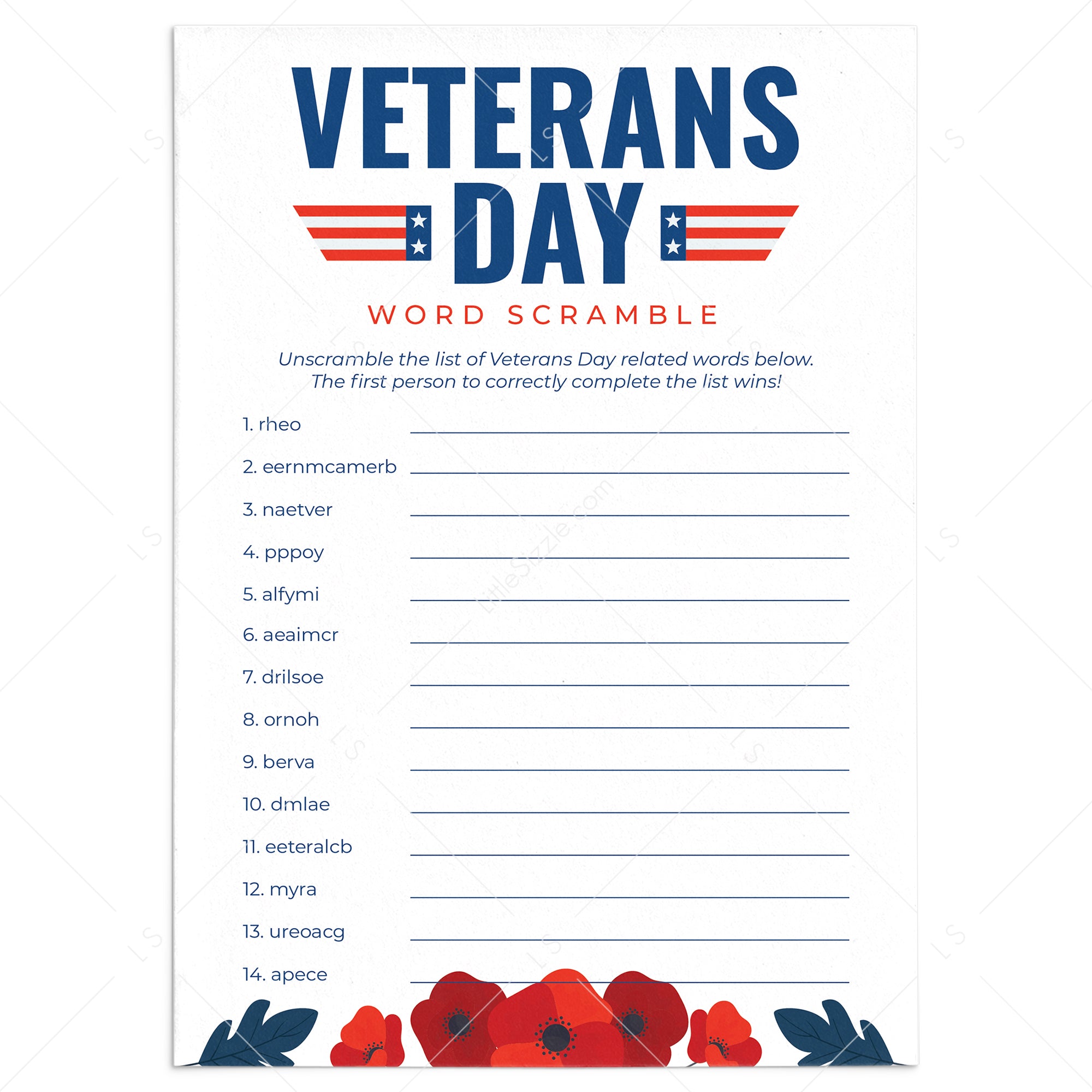 Veterans Day Word Scramble with Answer Key Printable by LittleSizzle