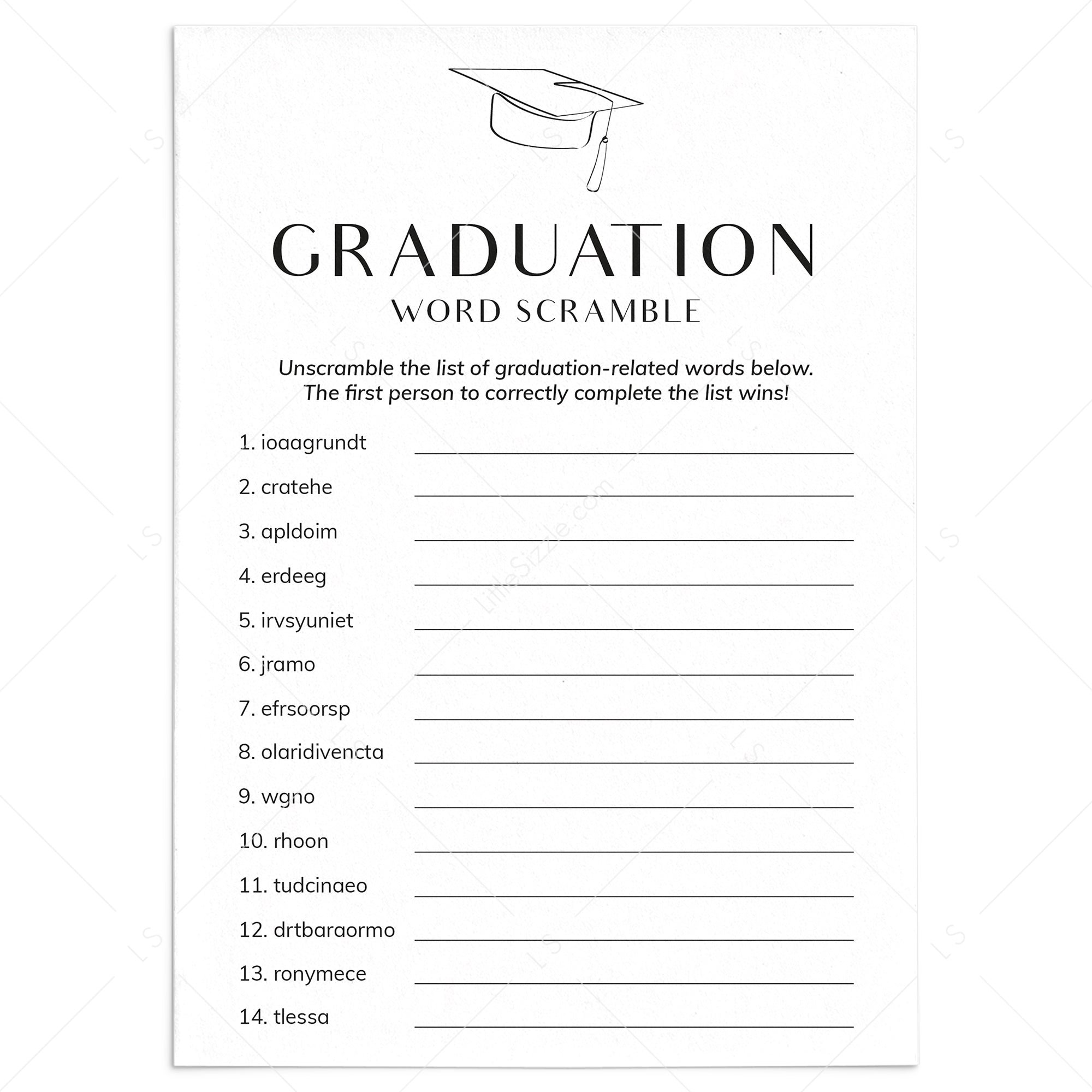 Graduation Word Scramble with Answer Key Printable by LittleSizzle