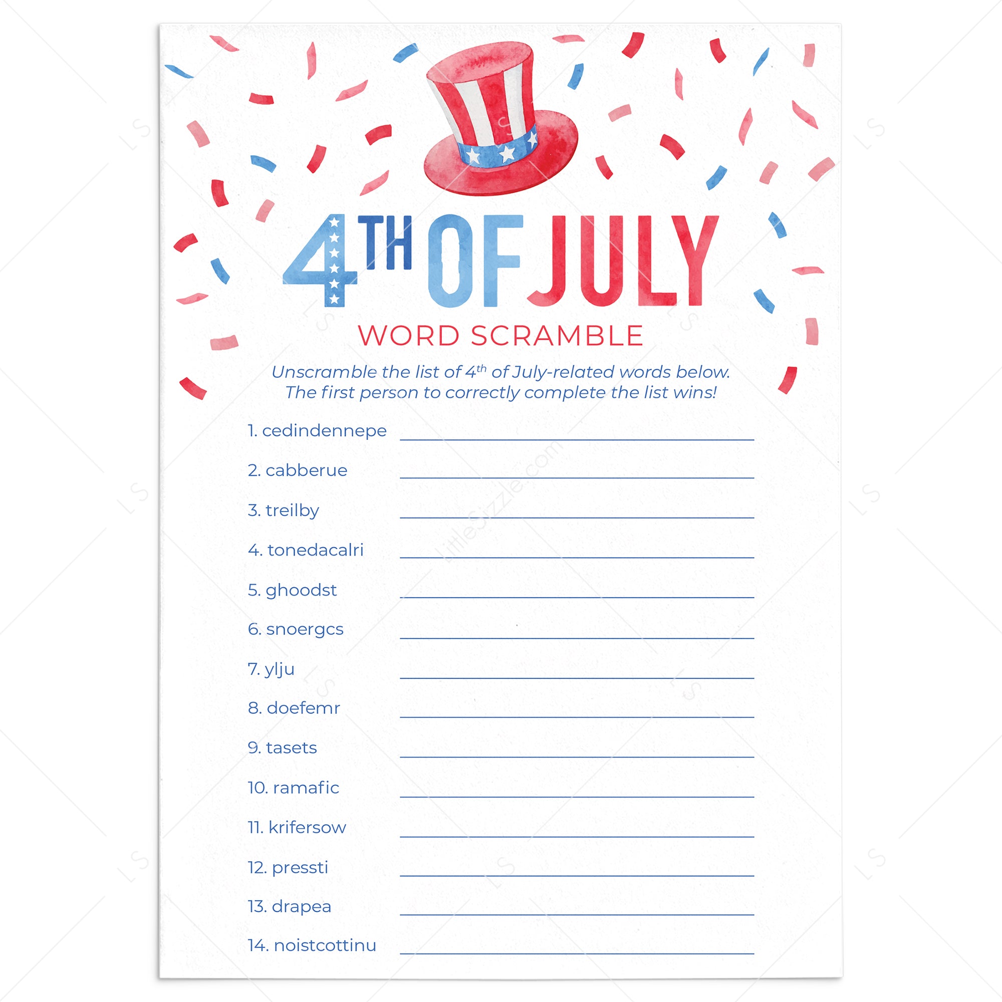 4th of July Word Scramble with Answers Printable by LittleSizzle