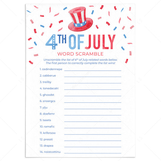 4th of July Word Scramble with Answers Printable by LittleSizzle