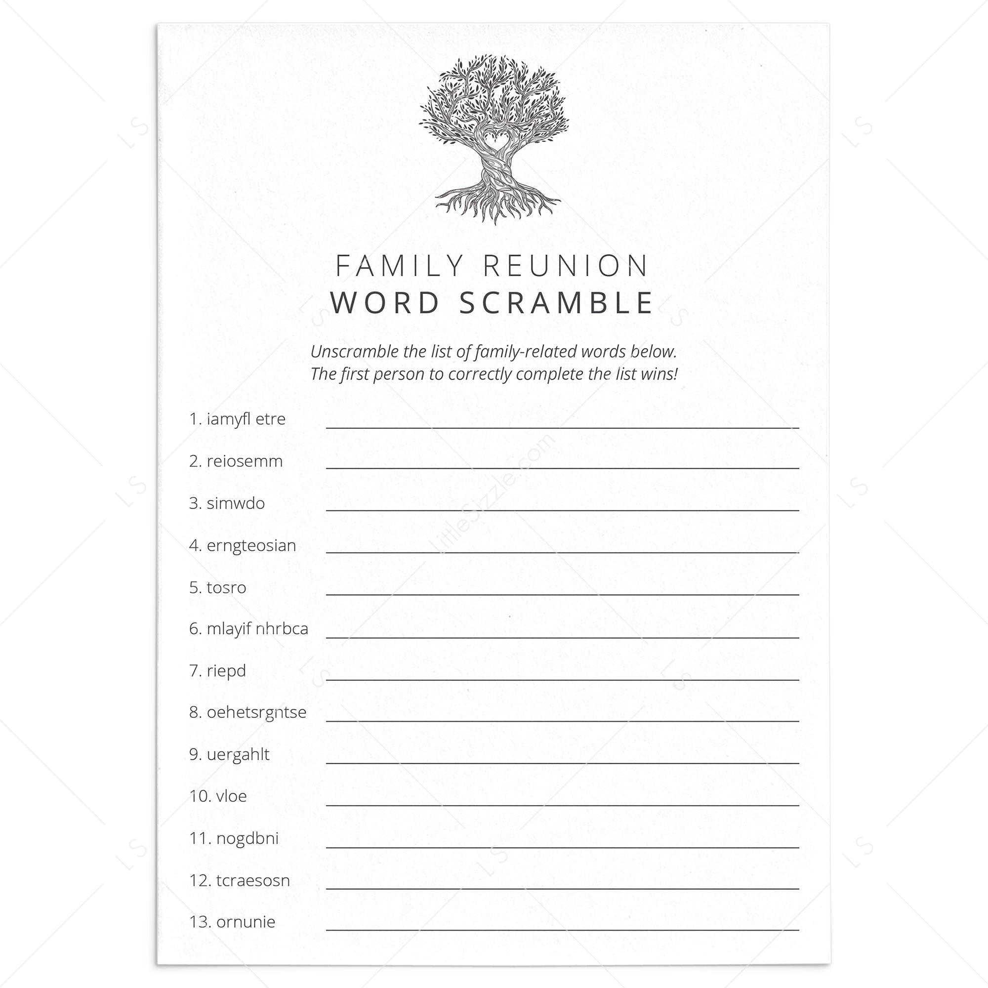 Family Reunion Word Scramble with Answers Printable by LittleSizzle