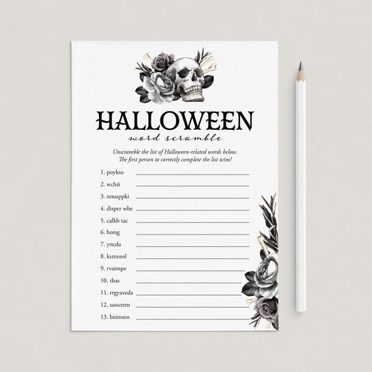 Floral Skull Halloween Word Scramble Game with Answers by LittleSizzle