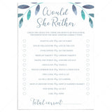 Blue Leaves Baby Shower Game Would She Rather Printable by LittleSizzle
