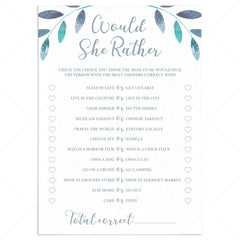 Blue Leaves Baby Shower Game Would She Rather Printable by LittleSizzle