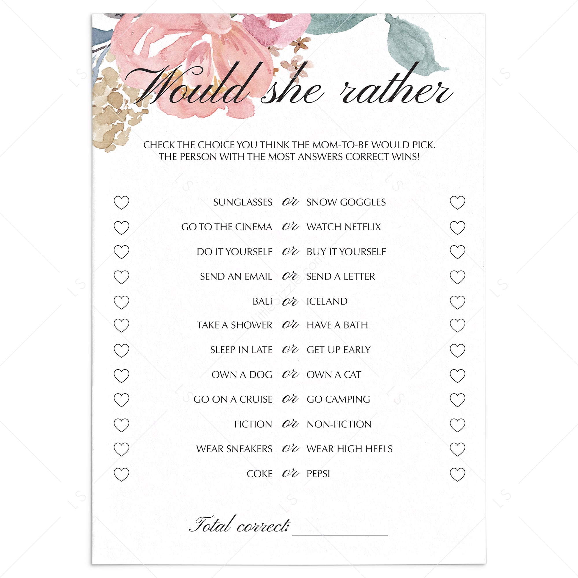Watercolor floral baby shower would she rather game by LittleSizzle