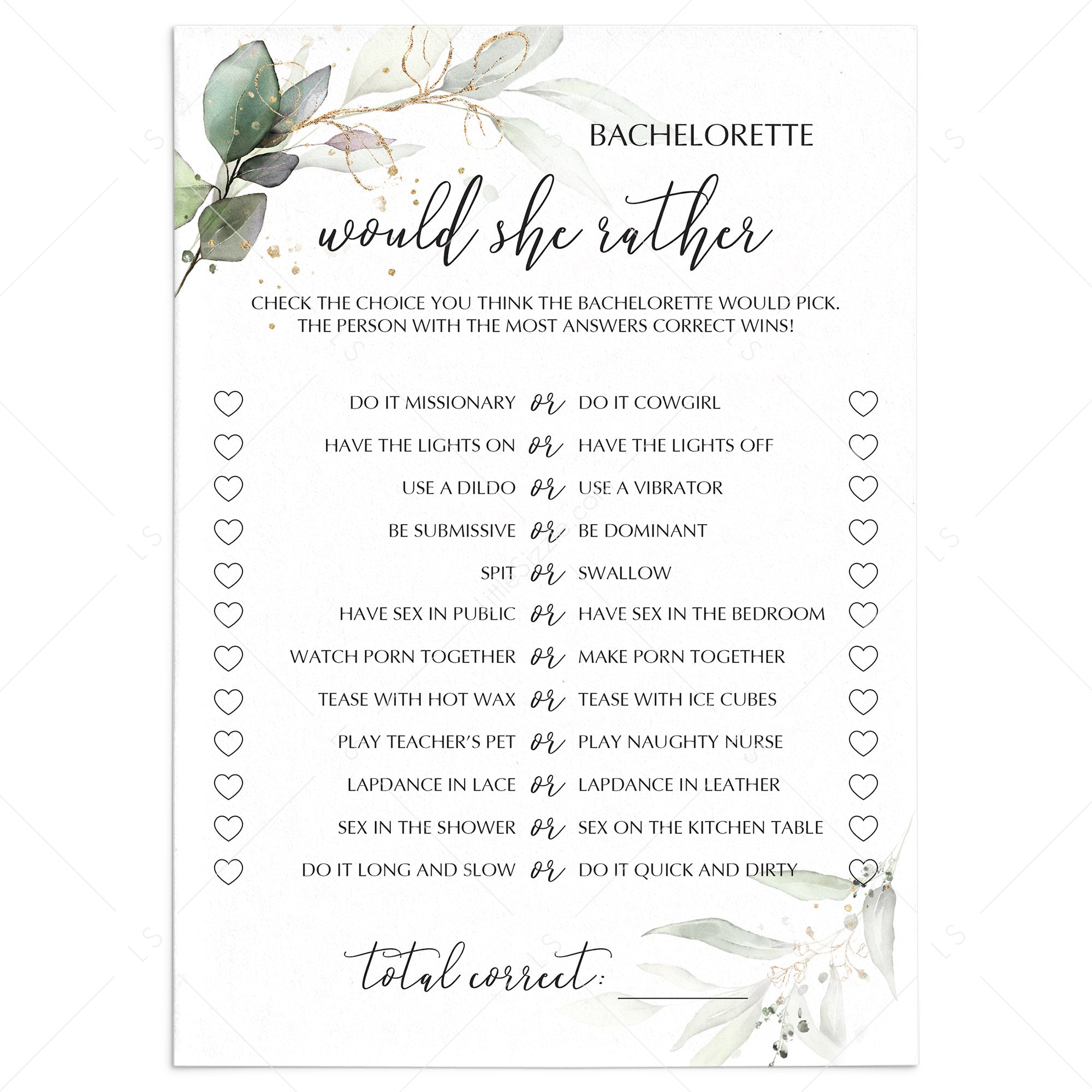 Naughty Bachelorette Party Game Would She Rather Printable by LittleSizzle