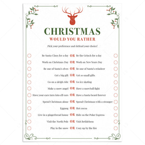 Christmas Would You Rather Game Printable 