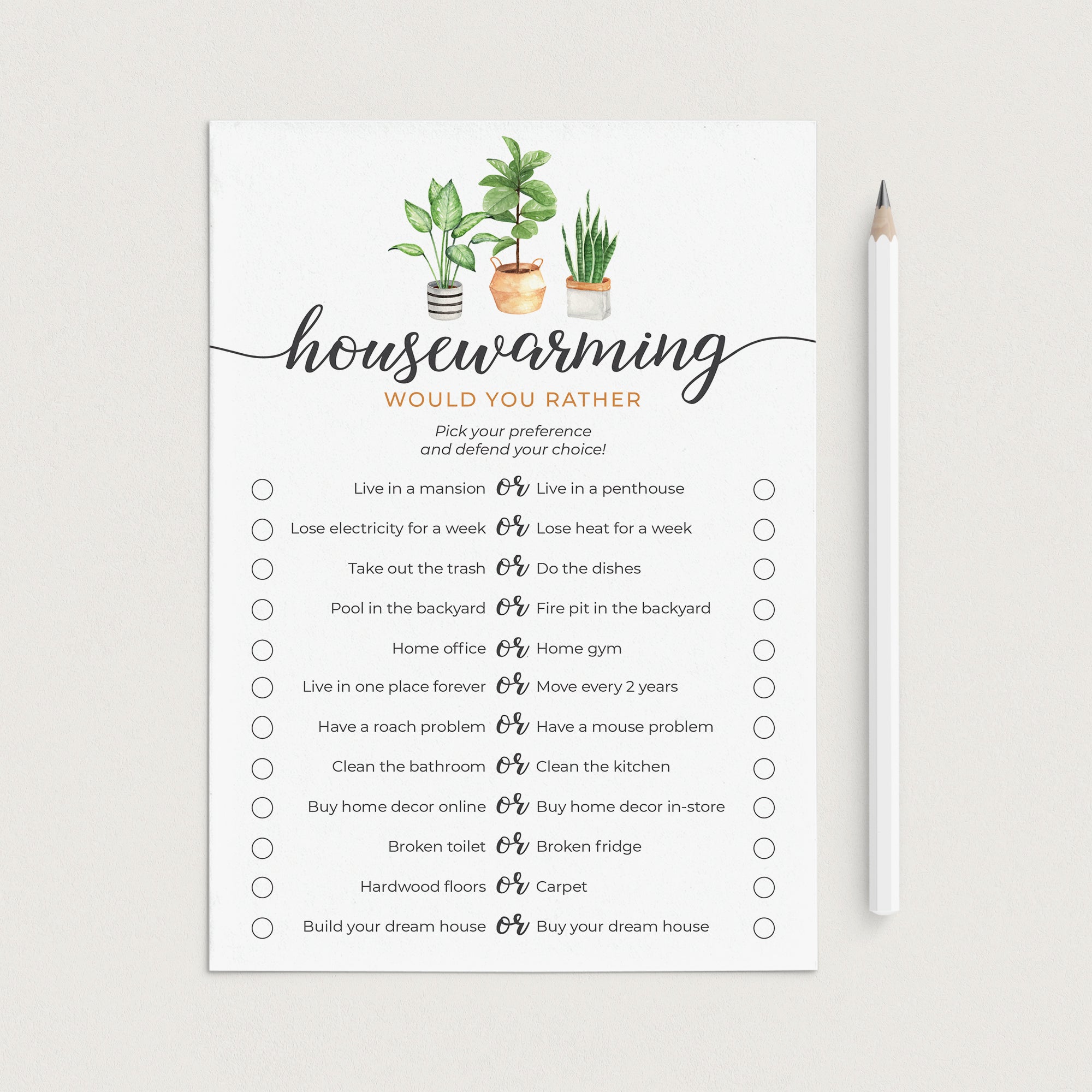 Printable Housewarming Party Game Would You Rather by LittleSizzle