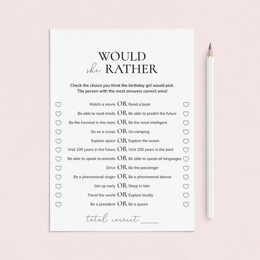Would She Rather Birthday Game Printable by LittleSizzle