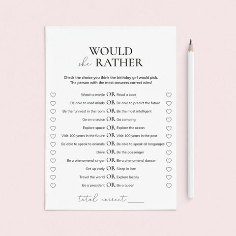 Would She Rather Birthday Game Printable | Fun Birthday Party Games for ...