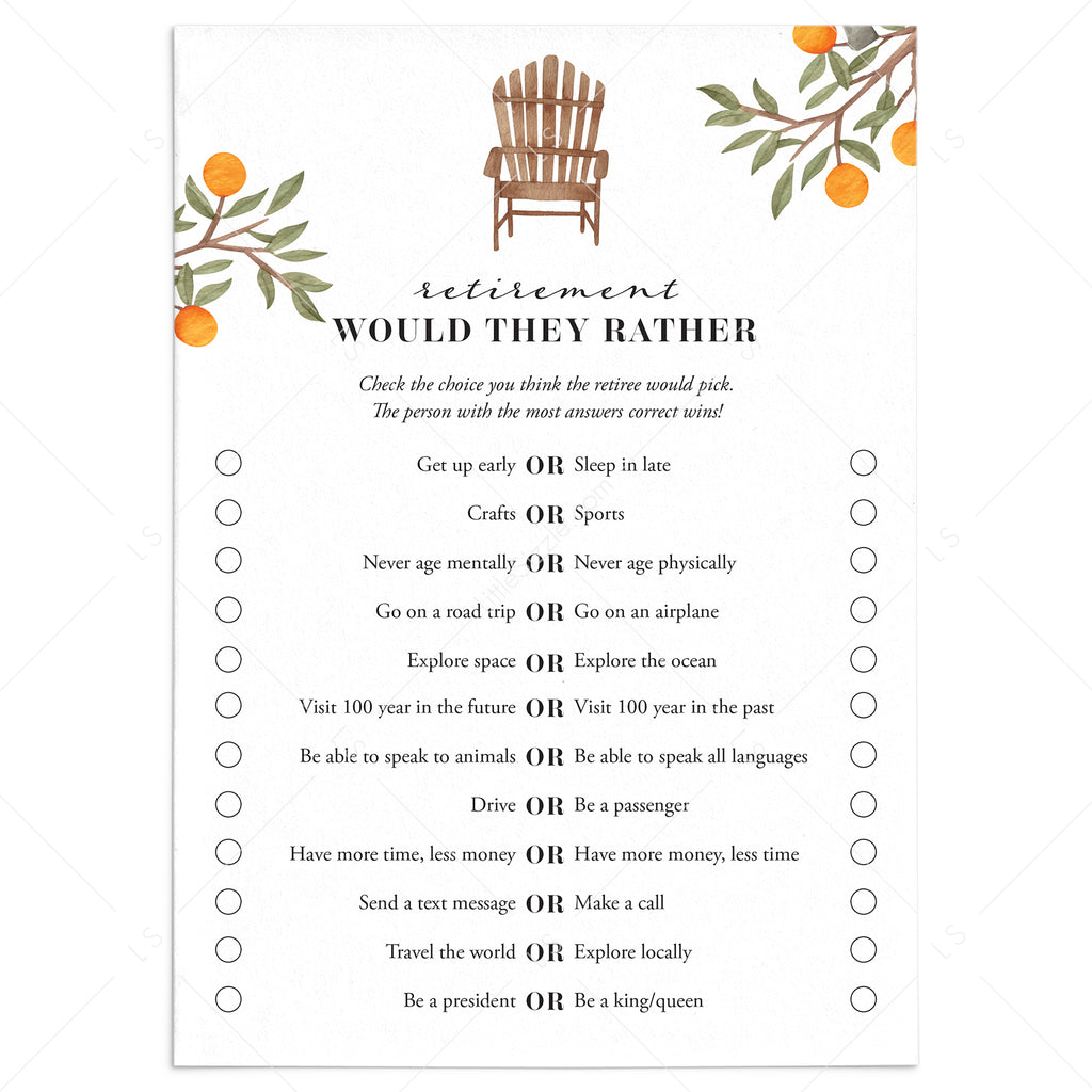would they rather retirement party game printable | download